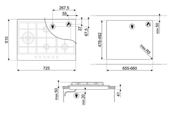 Smeg PX375L - Placa De Gas 72 Cm 5 Fuegos Quemador Ultrarrápido Inox 5 Smeg PX375L - Placa De Gas 72 Cm 5 Fuegos Quemador Ultrarrápido Inox - Imagen 5